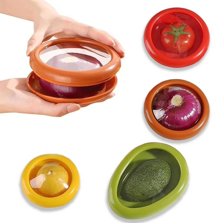 Set 4 Cutii Alimentare din Silicon pentru Fructe, Legume si Diverse, cu Capac, Reutilizabile, fara BPA, Diverse Dimensiuni, Design Transparent, Depozitare Alimentara, pentru Pastrarea Proaspata a Alimentelor, Multicolor