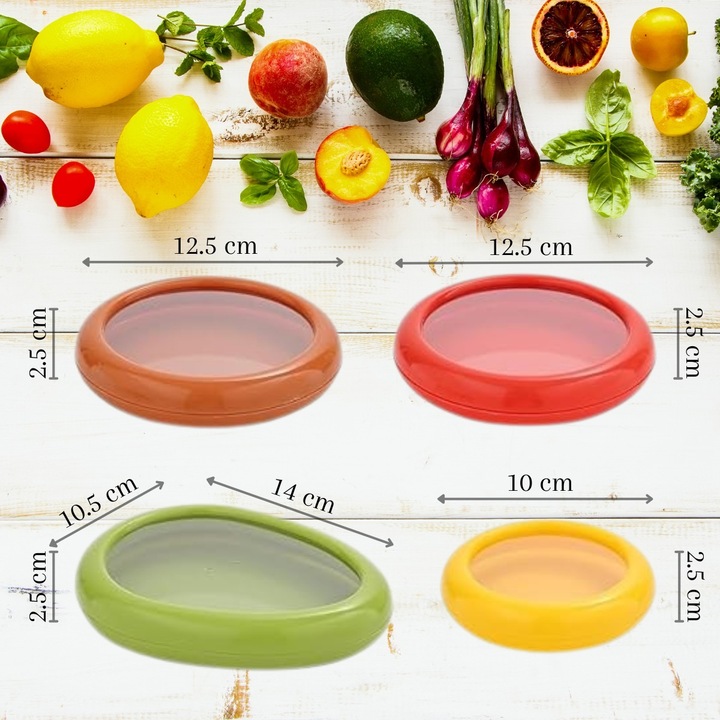 Set 4 Cutii Alimentare din Silicon pentru Fructe, Legume si Diverse, cu Capac, Reutilizabile, fara BPA, Diverse Dimensiuni, Design Transparent, Depozitare Alimentara, pentru Pastrarea Proaspata a Alimentelor, Multicolor