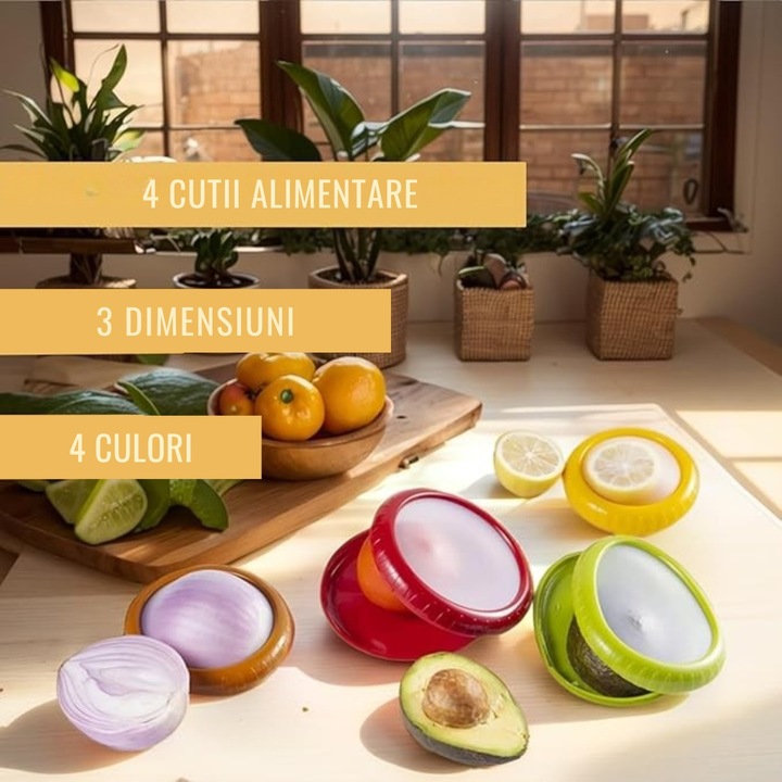 Set 4 Cutii Alimentare din Silicon pentru Fructe, Legume si Diverse, cu Capac, Reutilizabile, fara BPA, Diverse Dimensiuni, Design Transparent, Depozitare Alimentara, pentru Pastrarea Proaspata a Alimentelor, Multicolor