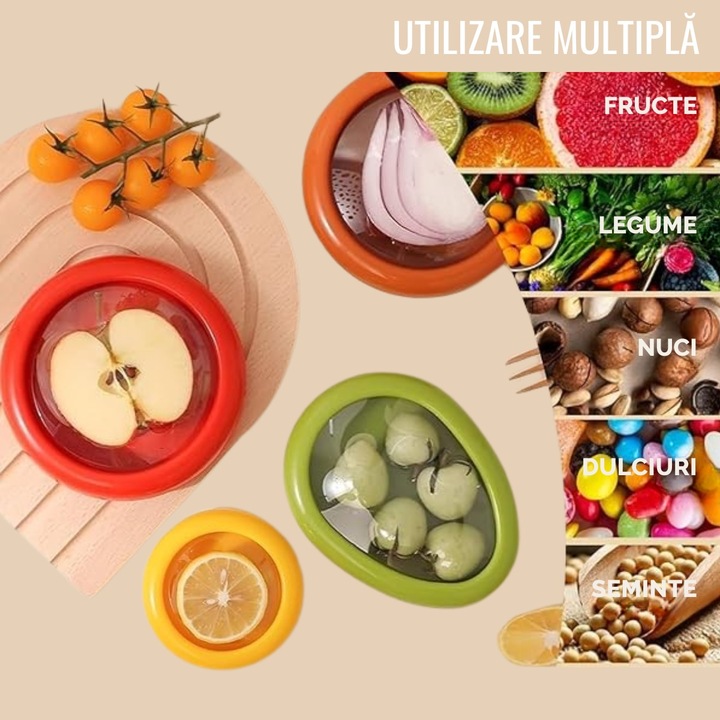Set 4 Cutii Alimentare din Silicon pentru Fructe, Legume si Diverse, cu Capac, Reutilizabile, fara BPA, Diverse Dimensiuni, Design Transparent, Depozitare Alimentara, pentru Pastrarea Proaspata a Alimentelor, Multicolor