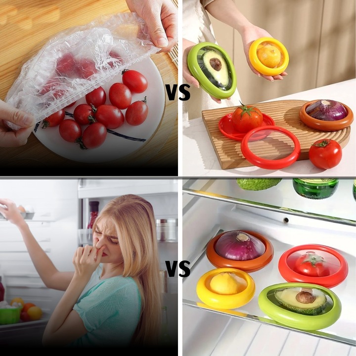 Set 4 Cutii Alimentare din Silicon pentru Fructe, Legume si Diverse, cu Capac, Reutilizabile, fara BPA, Diverse Dimensiuni, Design Transparent, Depozitare Alimentara, pentru Pastrarea Proaspata a Alimentelor, Multicolor