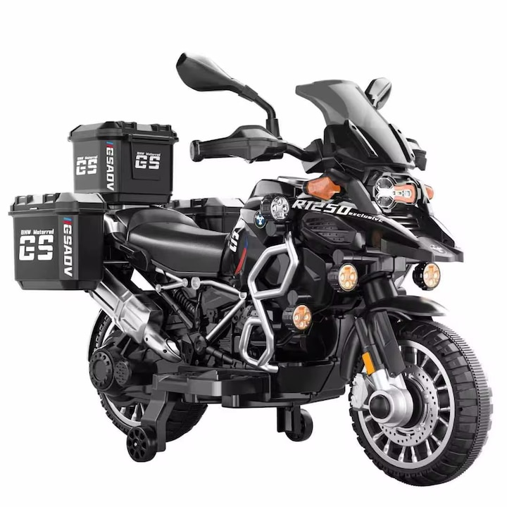 Motocicleta electrica pentru copii 2-9 ani, baterie 12V7Ah, roti din spuma EVA, Pornire buton, Lumini in far si proiectoare, Sezut din piele ecologica, Model XSDU689 Negru
