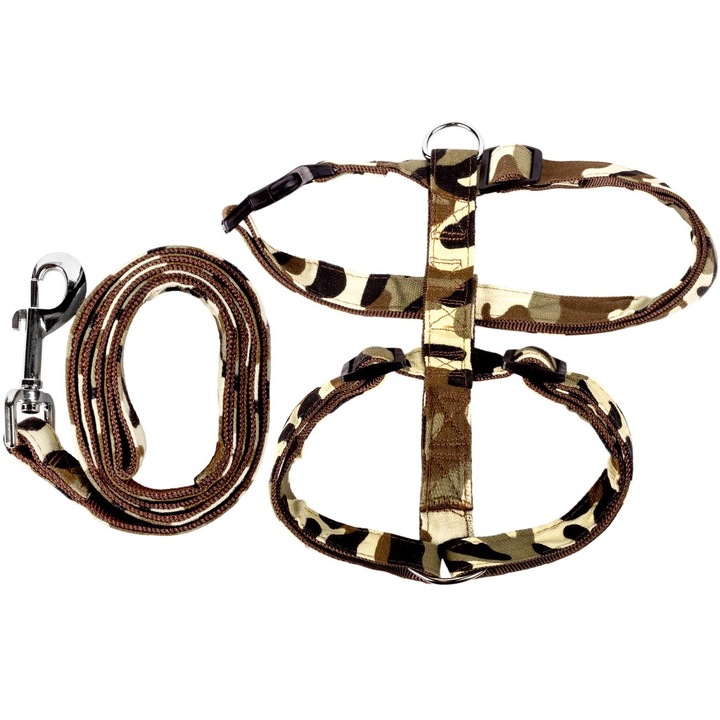 Set pentru caini lesa+ham S-Pets, camuflaj, 120x2.5 cm