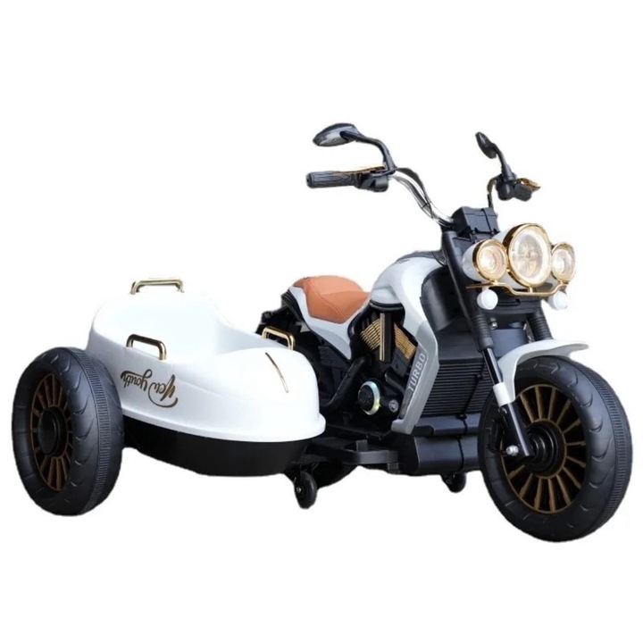 Motocicleta copii cu 2 locuri si atas, roti din spuma eva si sezut din piele – 2-10 ani, XSDU1588, Alb