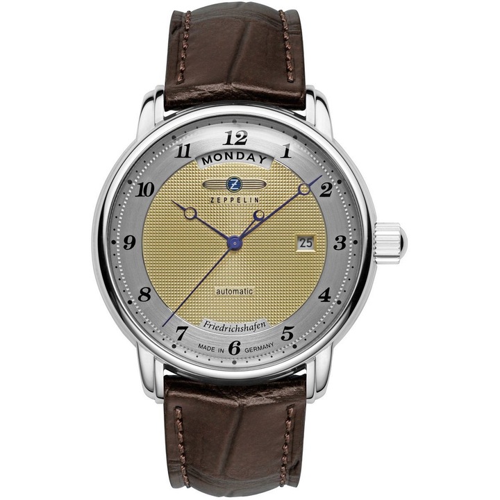 Мъжки часовник Zeppelin, автоматичен, 40мм, корпус от неръждаема стомана, кафява каишка от естествена кожа, златен циферблат, водоустойчив на 50м