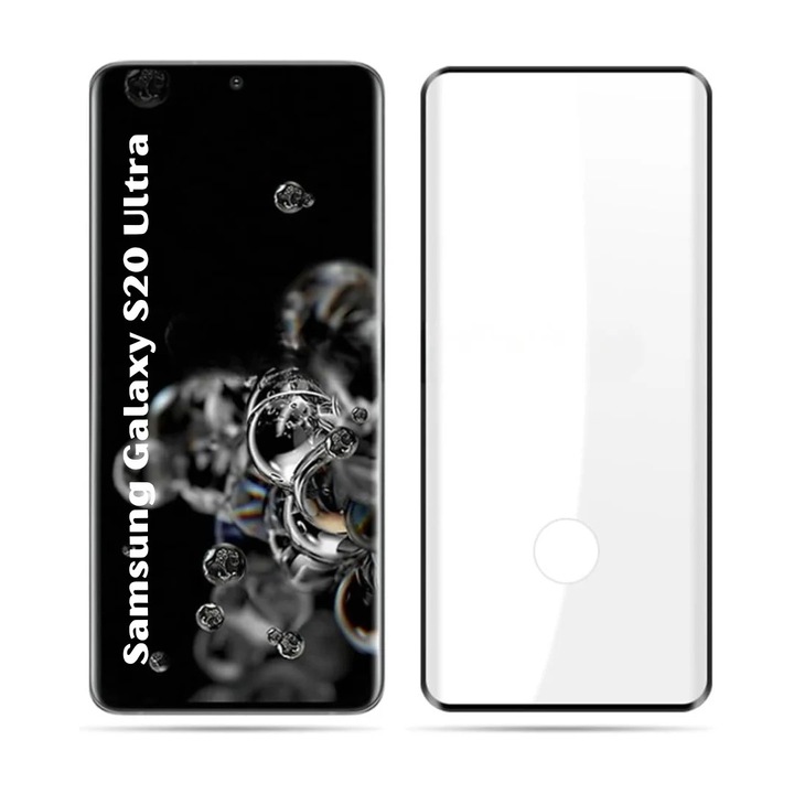 Folie de Protectie din Sticla Premium Curbata cu Decupaj Amprenta pentru Samsung Galaxy S20 Ultra cu Kit Montare Inclus, Adeziv pe toata suprafata, Protectie Anti-Zgarieturi si Socuri
