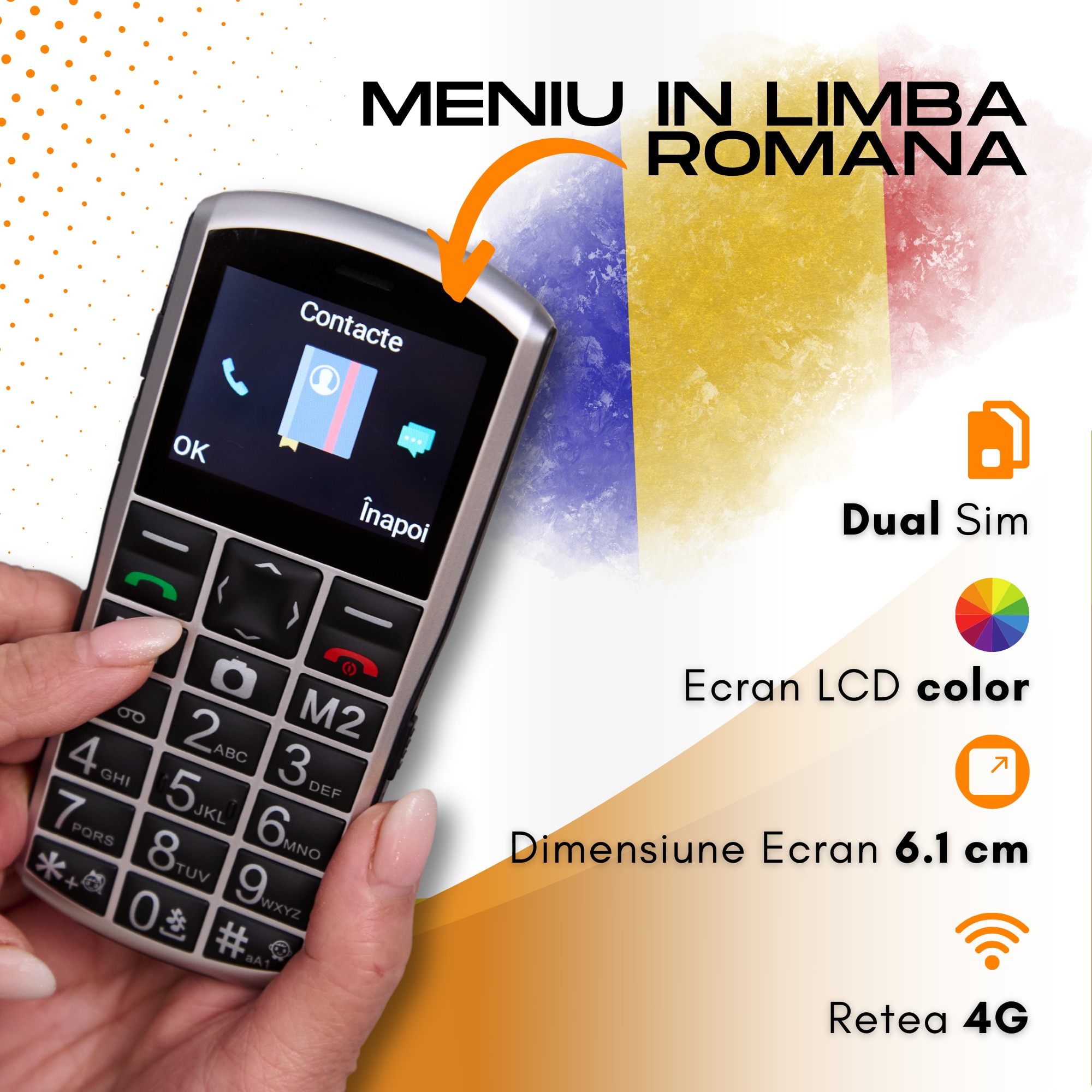 Telefon mobil pentru seniori, cu meniul in limba Romana, Stand pentru incarcare, taste mari, buton SOS, Dual SIM, Retea 4G, Baterie 1800 mAh, Functie Apelare Rapida, Usor de folosit pentru varstnici, pensionari si bunici, Lanterna, Diagonala ecran 6.1 cm