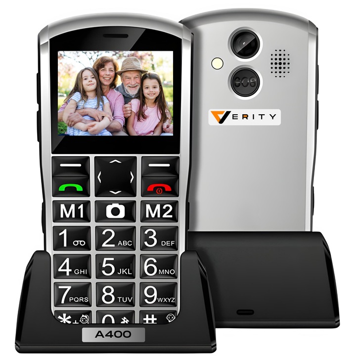 Telefon mobil pentru seniori, cu meniul in limba Romana, Stand pentru incarcare, taste mari, buton SOS, Dual SIM, Retea 4G, Baterie 1800 mAh, Functie Apelare Rapida, Usor de folosit pentru varstnici, pensionari si bunici, Lanterna, Diagonala ecran 6.1 cm