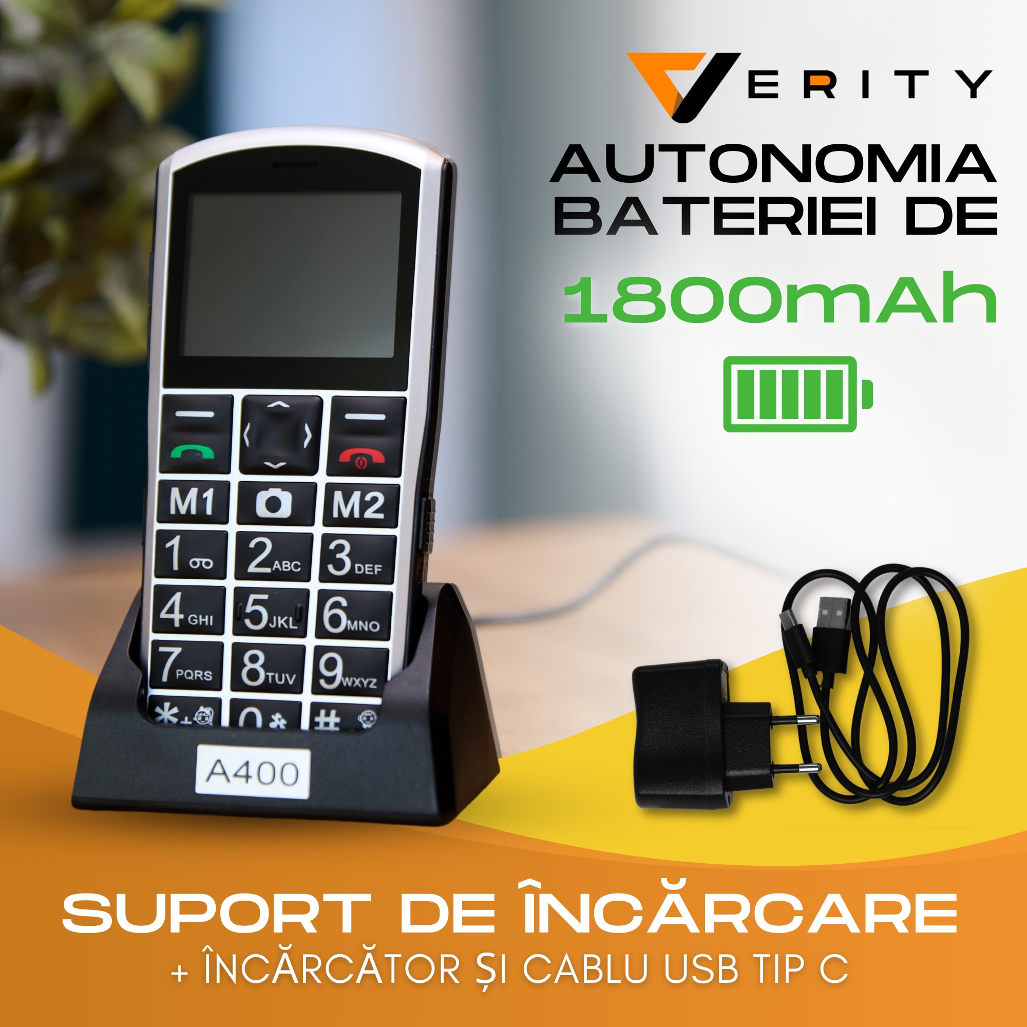 Telefon mobil pentru seniori, cu meniul in limba Romana, Stand pentru incarcare, taste mari, buton SOS, Dual SIM, Retea 4G, Baterie 1800 mAh, Functie Apelare Rapida, Usor de folosit pentru varstnici, pensionari si bunici, Lanterna, Diagonala ecran 6.1 cm