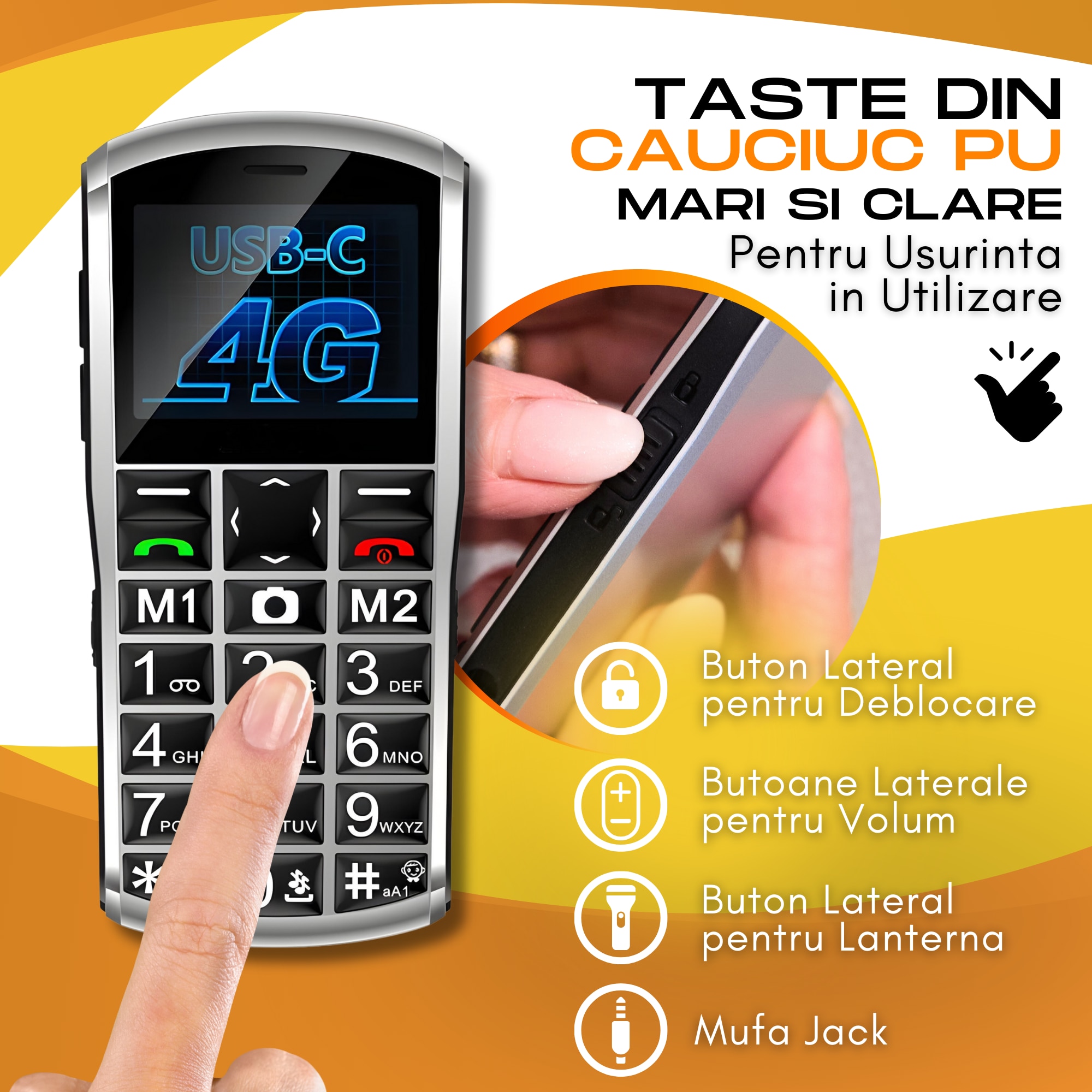 Telefon mobil pentru seniori, cu meniul in limba Romana, Stand pentru incarcare, taste mari, buton SOS, Dual SIM, Retea 4G, Baterie 1800 mAh, Functie Apelare Rapida, Usor de folosit pentru varstnici, pensionari si bunici, Lanterna, Diagonala ecran 6.1 cm