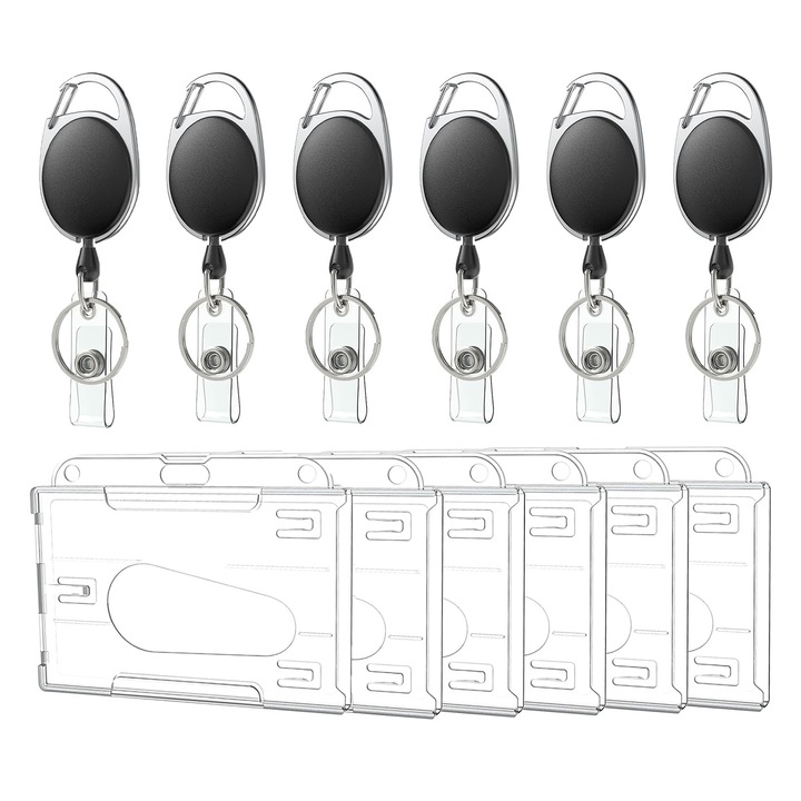 Комплект 6 баджа за самоличност, Axroad Mall, държач за бадж с ремък, за кредитни карти, шофьорски книжки и карти за достъп, със слотове за палци, преносим, лесен за поставяне и отделяне, 10x6 см, полистирен, прозрачен/черен