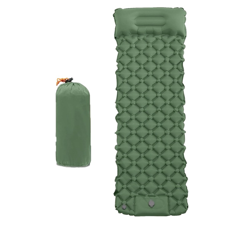Самонадуваем дюшек за къмпинг, Axroad Mall, Надуваем дюшек за къмпинг или плаж, с възглавница, вградена помпа, водоустойчив, за туризъм, 190 x 60 x 5 см, Найлон/TPU, Зелен