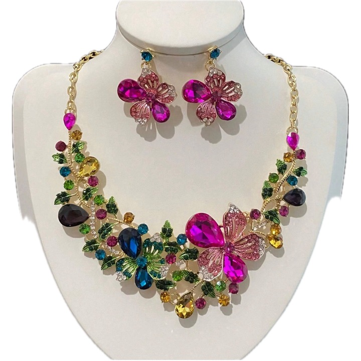 Set de cercei cu colier de flori, bijuterii de cristal, potrivite pentru banchete, nunti, aniversari, accesorii pentru femei, multi-culoare