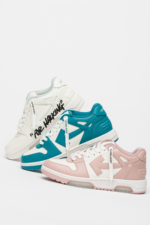 OFF-WHITE, Кожени спортни обувки с лого, Бял/Светлорозов, 37