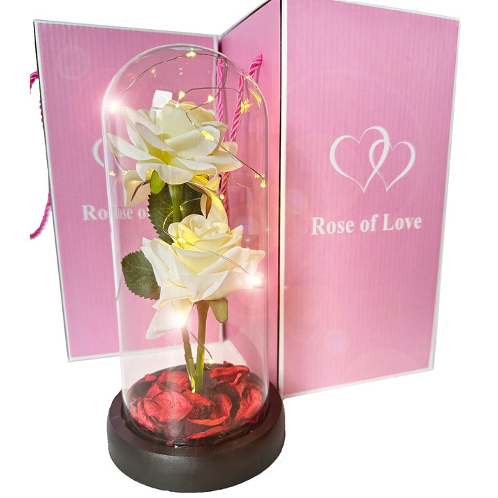 Флорална аранжировка, вечна роза, светещ LED, бял, 23x11.5 см, декоративна кутия
