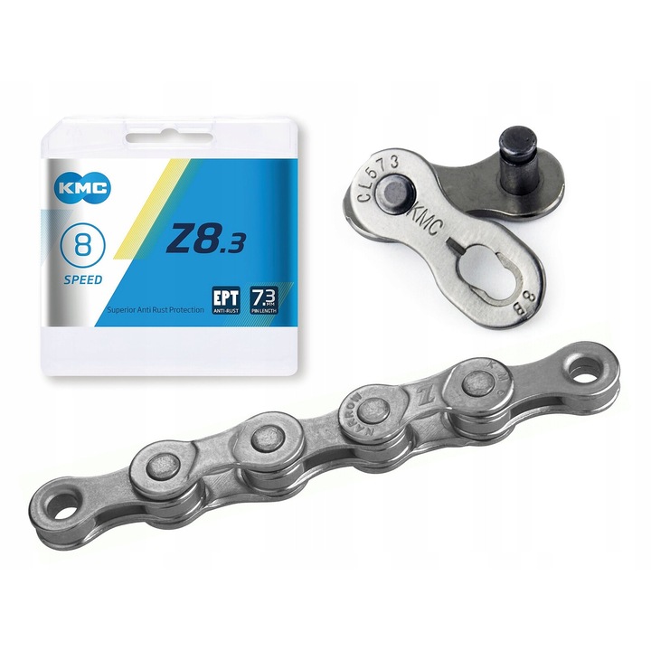 Lant bicicleta, KMC, 8 Viteze, 114 Zale, 7.3 mm, Argintiu