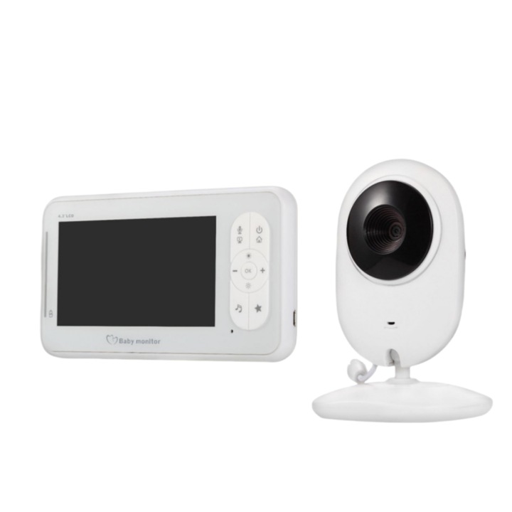 Babafigyelő, 4,3" LCD, 2,4 GHz-es sáv, kétirányú beszélgetés, beépített mikrofon, 24 órás hőmérséklet-figyelés, altatódal, fehér