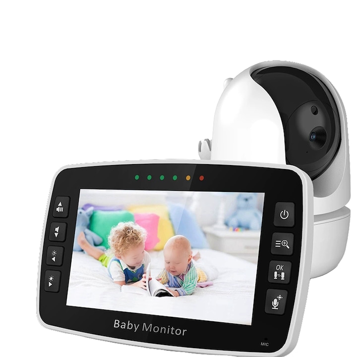 Babafigyelő, 4,3" LCD, kétirányú beszéd, éjjellátó, 24 órás hőmérséklet-figyelés, ébresztőóra, altatódal, extra hosszú készenlét, fehér