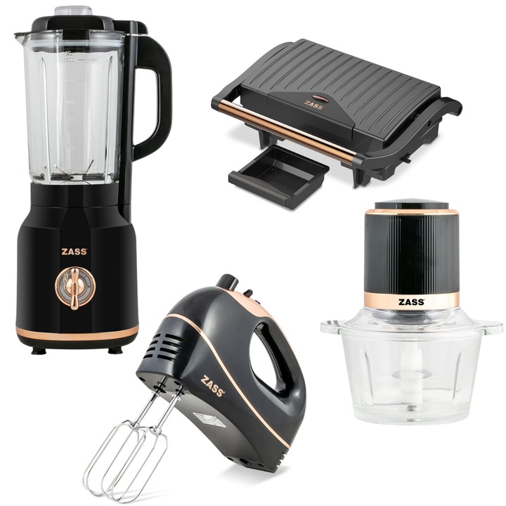 Rose Gold csomag, amely a következőkből áll: Zass ZSB 20 Rose Gold asztali turmixgép, Zass Grill & Panini Electric Grill ZPG 20 Rose Gold, Zass ZCH 20 Rose Gold Chopper és Zass ZHM 20 Rose Gold kézi mixer