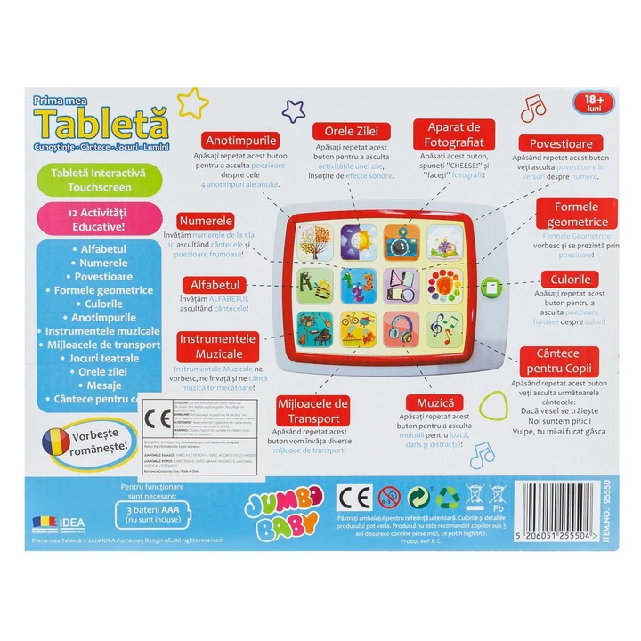 Prima Mea Tableta pentru Copii, Jucarie Interactiva, 12 Activitati Educationale in Limba Romana, 18+ luni, Imbunateste Functia Cognitiva, Concentrarea (Autism), Alfabetul, Numerele, Povestioare, Formele geometrice, Culorile, Anotimpurile, Cantecele