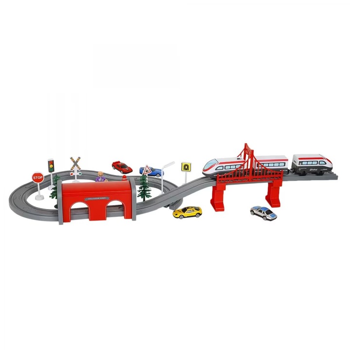 KidProtect® Lightning Express Електрическа играчка Влакова верига за деца, със звуци, магнит, конфигурации на вериги, 4 коли, пътни знаци, 67 части