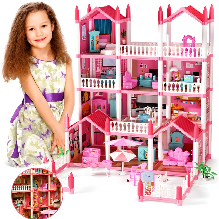 Casuta Papusi Copii Fetite Kidprotect® Tiny Doll Retreat, Cu 14 Camere, Numeroase Accesorii Mobilier, 4 Etaje, Inaltime 61 cm, Roz