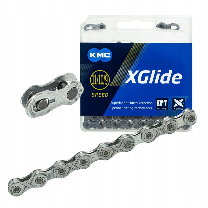 Велосипедна верига KMC X-Glide EPT, 9/10/11 скорости, 118 звена, сребриста, 1/2"x11/128"
