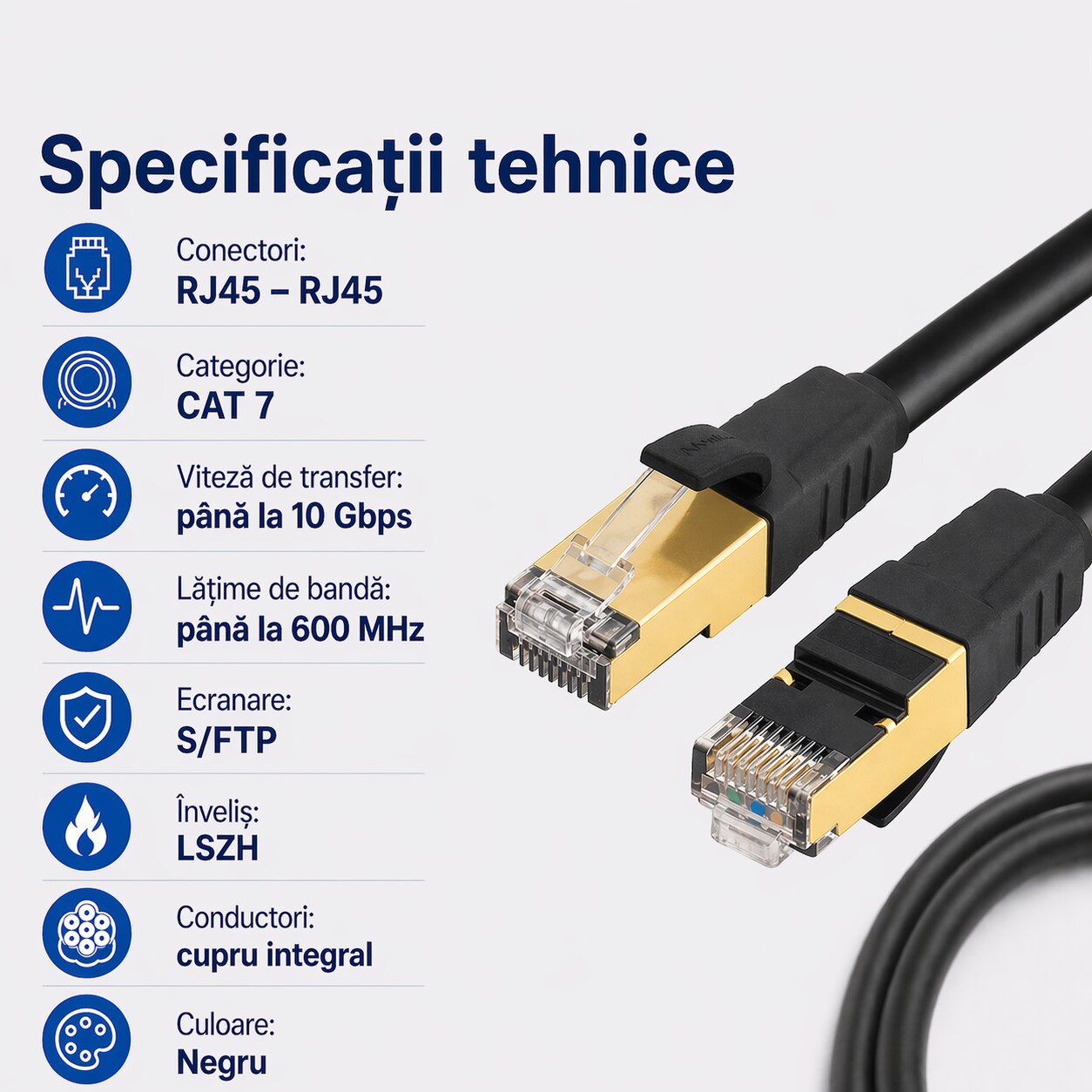 Sftp Rj45 Patchcord SFTP RJ45-RJ45 Cat.7, LSZH, 0.5m, negru - EMTEX - eMAG.ro