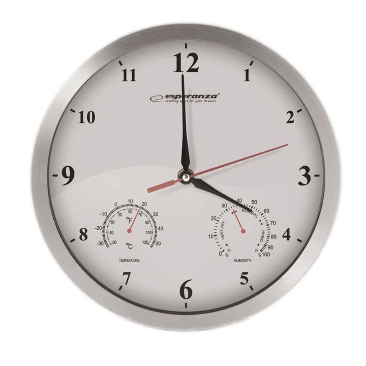 Ceas de perete cu design decorativ, model cu termometru si hidrometru, fond alb, plastic, 30.5x4cm, Alb-Gri