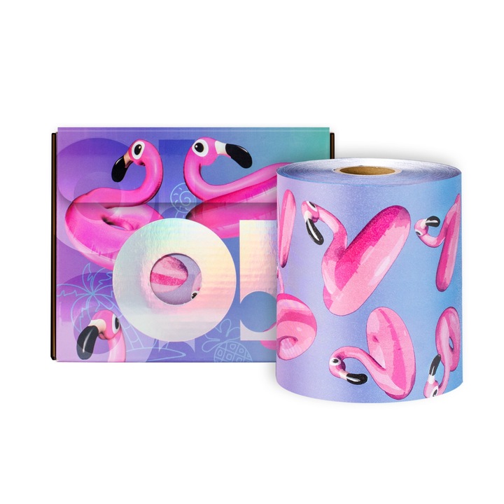 Folie de aluminiu, folie de coafura, pentru tratamente de coafura, rola de 100 de metri, roz, design flamingo