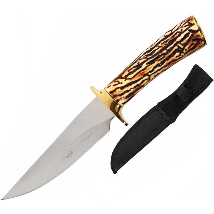 Cutit de Vanatoare si Campnig, Cu Maner Scoarta Si Auriu, Lama din Otel Inoxidabil, Husa Material Textil, 30 cm, Dalimag