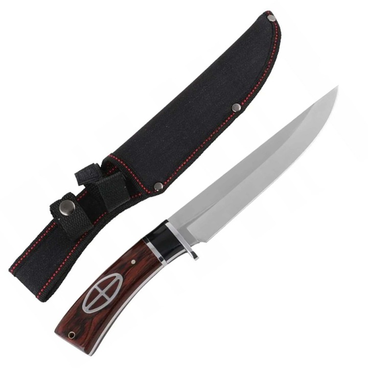 Cutit cu Maner Curbat Vanatoresc si Camping, 30 Cm, Model simbol Universal, Husa Material Textil Neagra, Lama din Otel, Dalimag