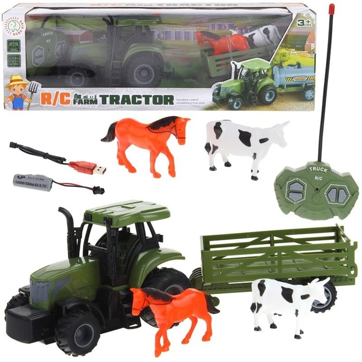 Tractor agricol cu telecomanda RC cu remorca cu figuri de animale