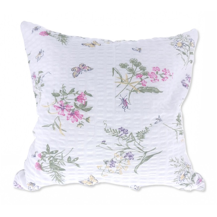 Feta de perna din bumbac 40x40 alb in roz violet flori de camp