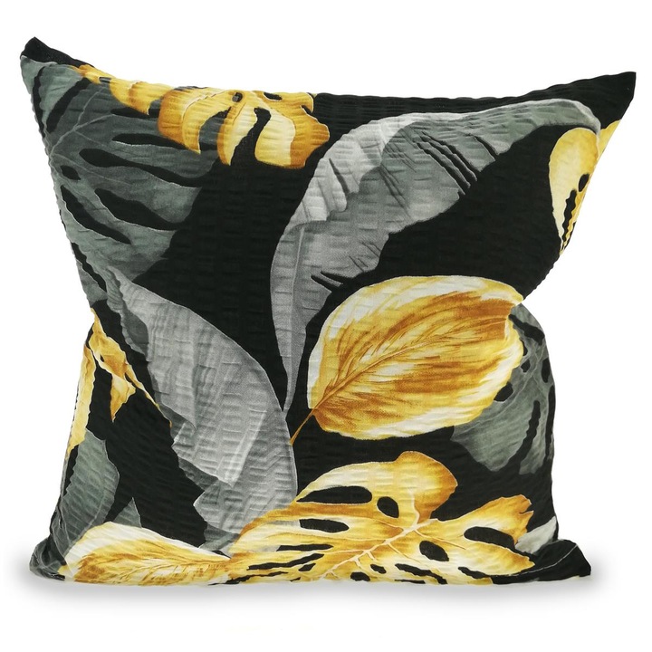 Pamut párnahuzat 70x80 fekete egzotikus levelekkel aranyszürke
