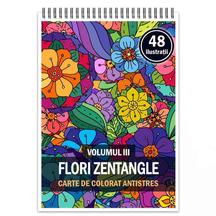 Антистрес книга за оцветяване, 48 илюстрации Zentangle Flowers - том III