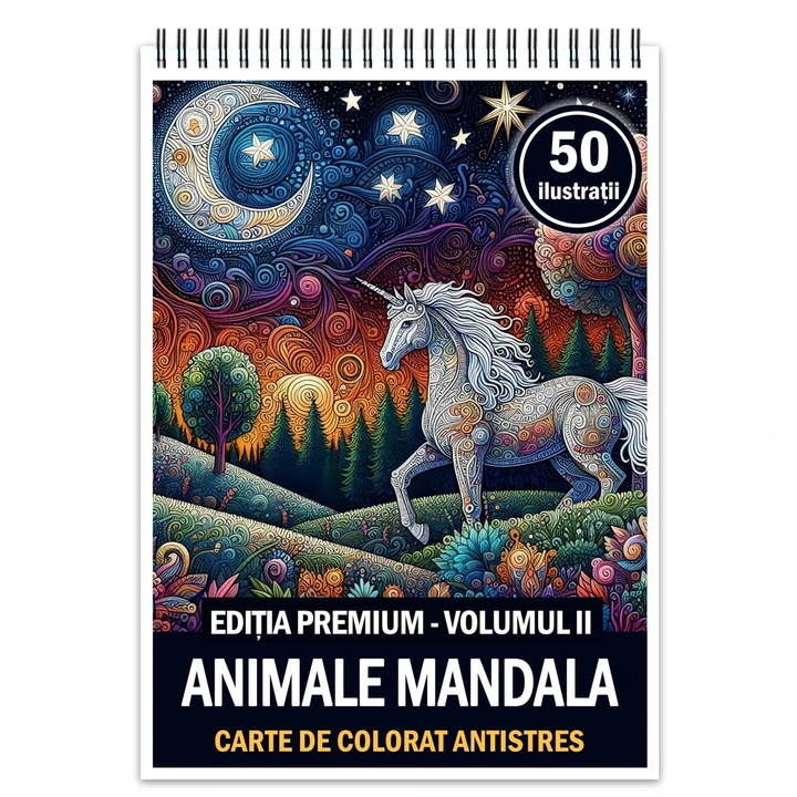 Carte de colorat antistres, 50 de ilustratii Animale Mandala - Editia Premium - Volumul II