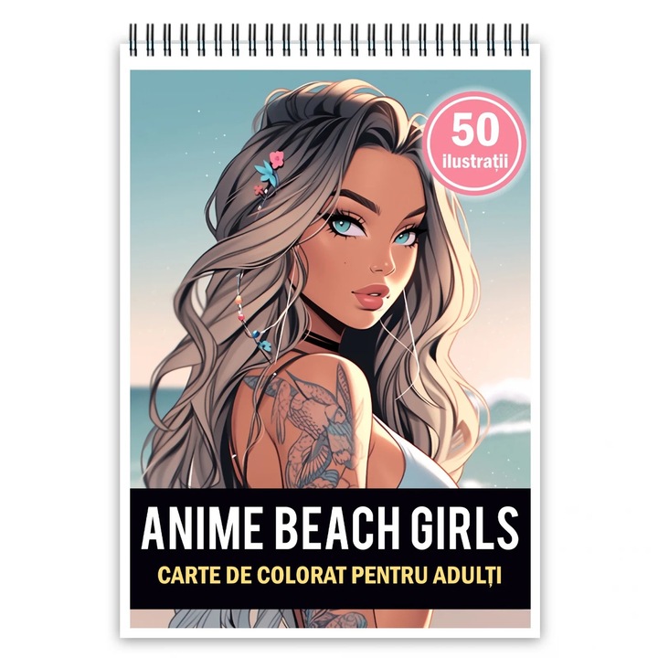 Carte de colorat pentru adulti, 50 de ilustratii, Anime Beach Girls, 106 pagini, format A5