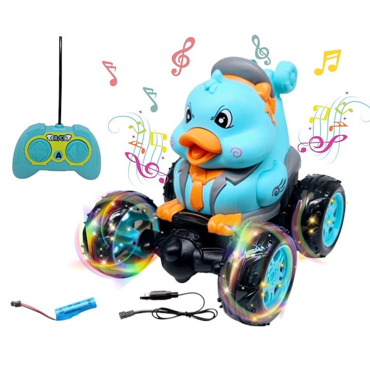 Masina cu Telecomanda, Acrobatii, Rotire 360°, Sunete si Lumini, Rezistenta la Impact, Baterie Reincarcabila, Cablu USB, Roti Antiderapante, Puisor, Verde, 20cm, ERGINO®