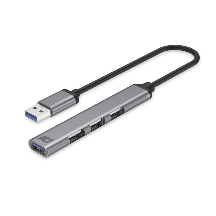 ACT AC6325 4-portos 3x USB 2.0 480Mbps + 1x USB 3.2 Gen1 HUB, aluminium ház, 18 cm szürke