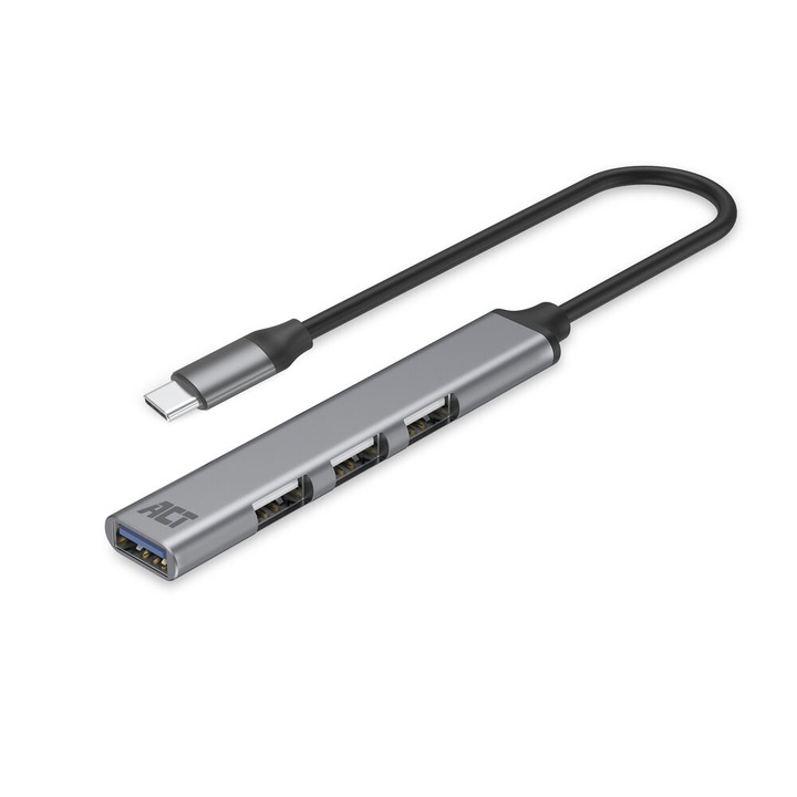 ACT AC6425 4-portos USB 3.2 Gen 1 HUB, USB Type-C bemenet, aluminium ház, 18 cm, szürke