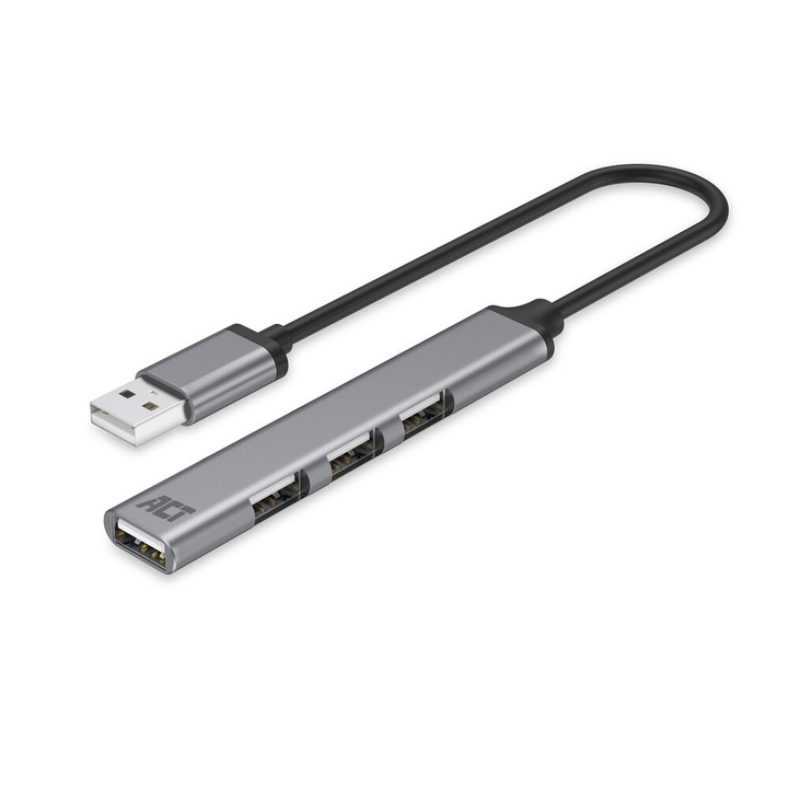 ACT AC6225 4-portos USB2.0 HUB, fém ház, 18 cm, szürke