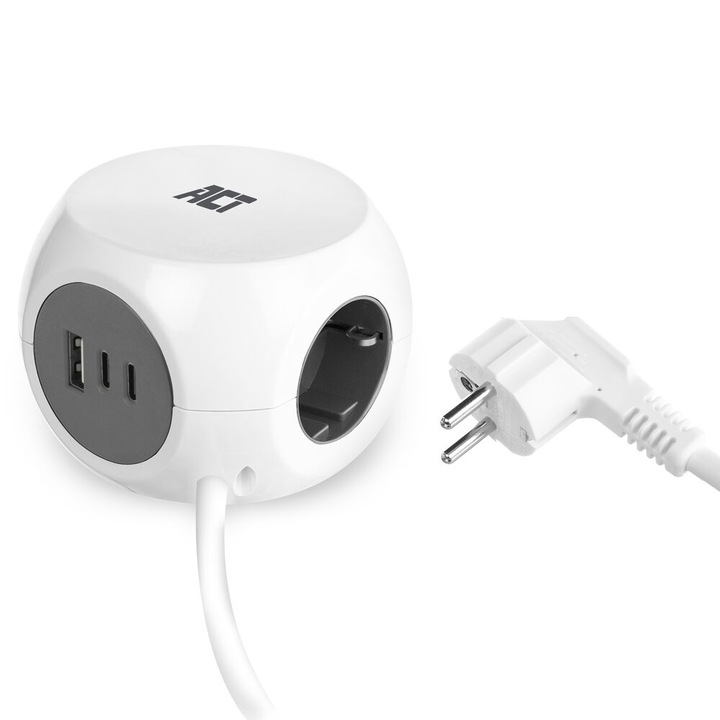 ACT AC2420 power strip hálózati kocka elosztó, 3 x F aljzat, 1 USB-A és 2 USB-C kimenet, 30W, PD és QC 3.0 funkciókkal, 1, 5m, fehér