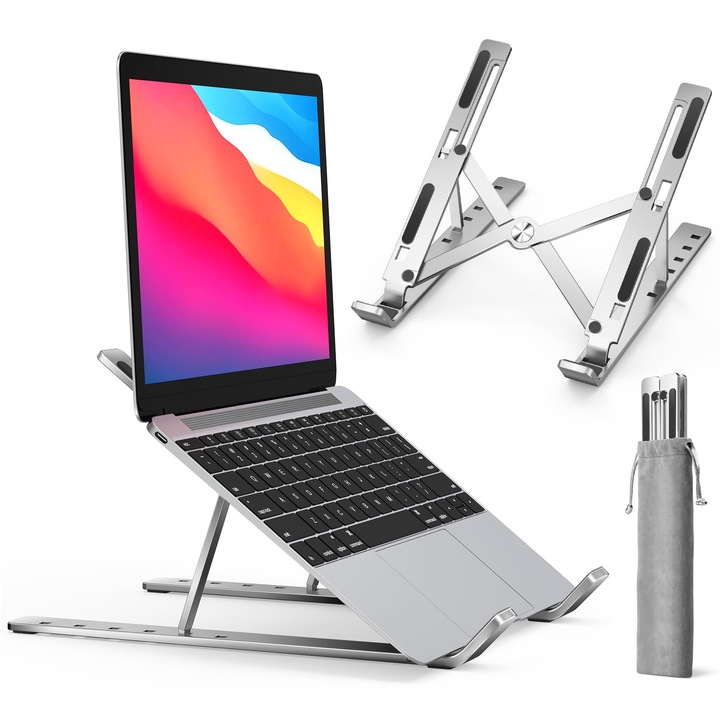 Laptop állvány, laptoptartó számítógépes táblagép állvány, 6 fokozatú alumínium összecsukható hordozható asztali állvány 10-15,6" MacBook, iPad, HP, Dell, Lenovo (alumínium) készülékhez