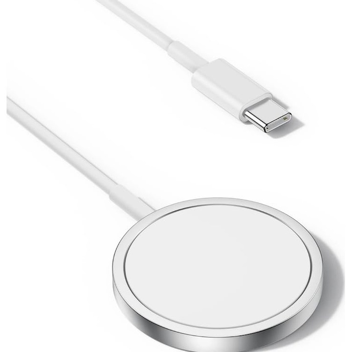 Магнитно безжично зарядно за iPhone и Airpods, Magsafe зарядно, съвместимо с Apple/Samsung/Huawei, QC/PD зарядно, 15W, бяло