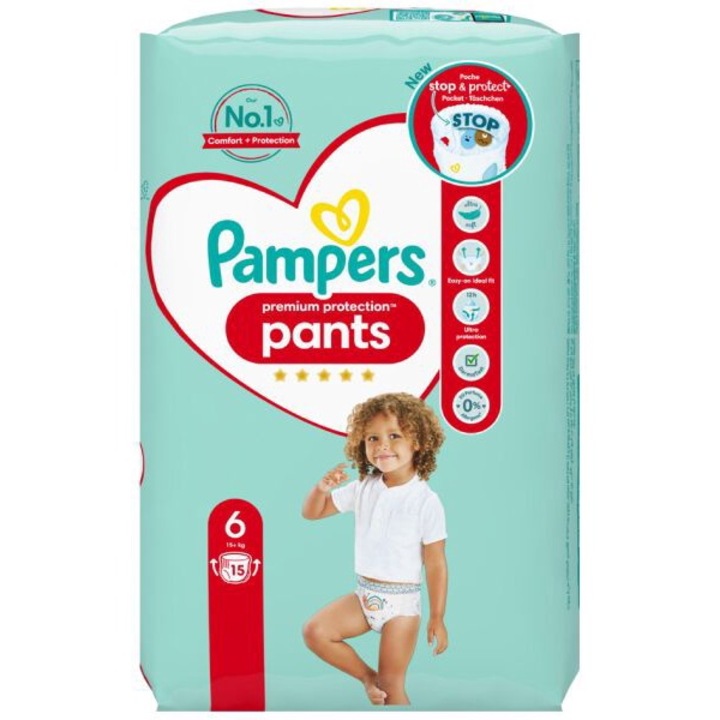 Пелени Premium Care с иновативна лента, предпазваща от протичане, Pampers размер 6XL, опаковка от 15 броя