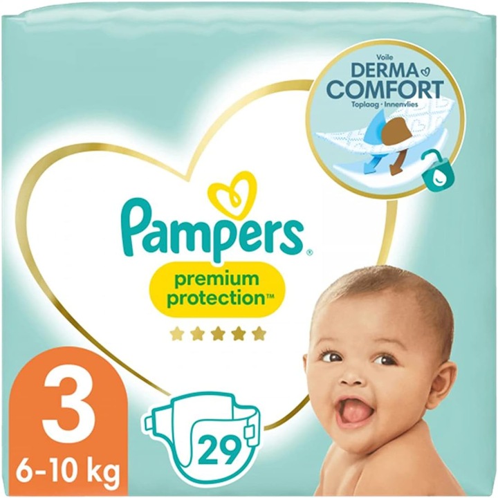 Бебешки пелени Pampers размер 3 (6-10 кг) Premium Protection, Midi, опаковка от 29, единична опаковка, най-добър комфорт и защита за чувствителна кожа