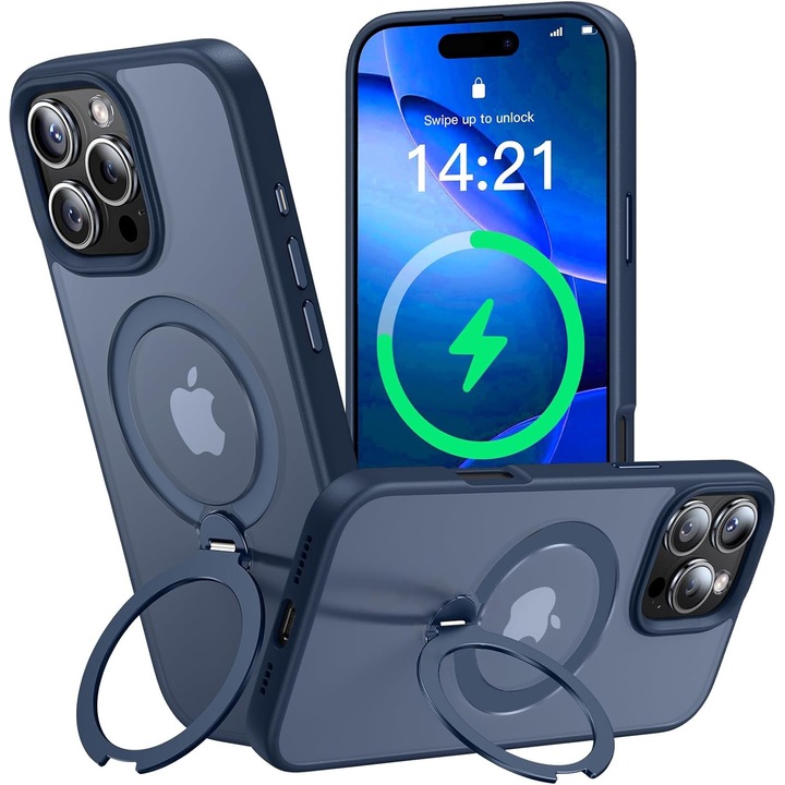Husa Magnetica pentru iPhone 16 PRO, MobileSmart, Protectie Militara Antisoc, Suport Rotativ 360° MagSafe, Blue
