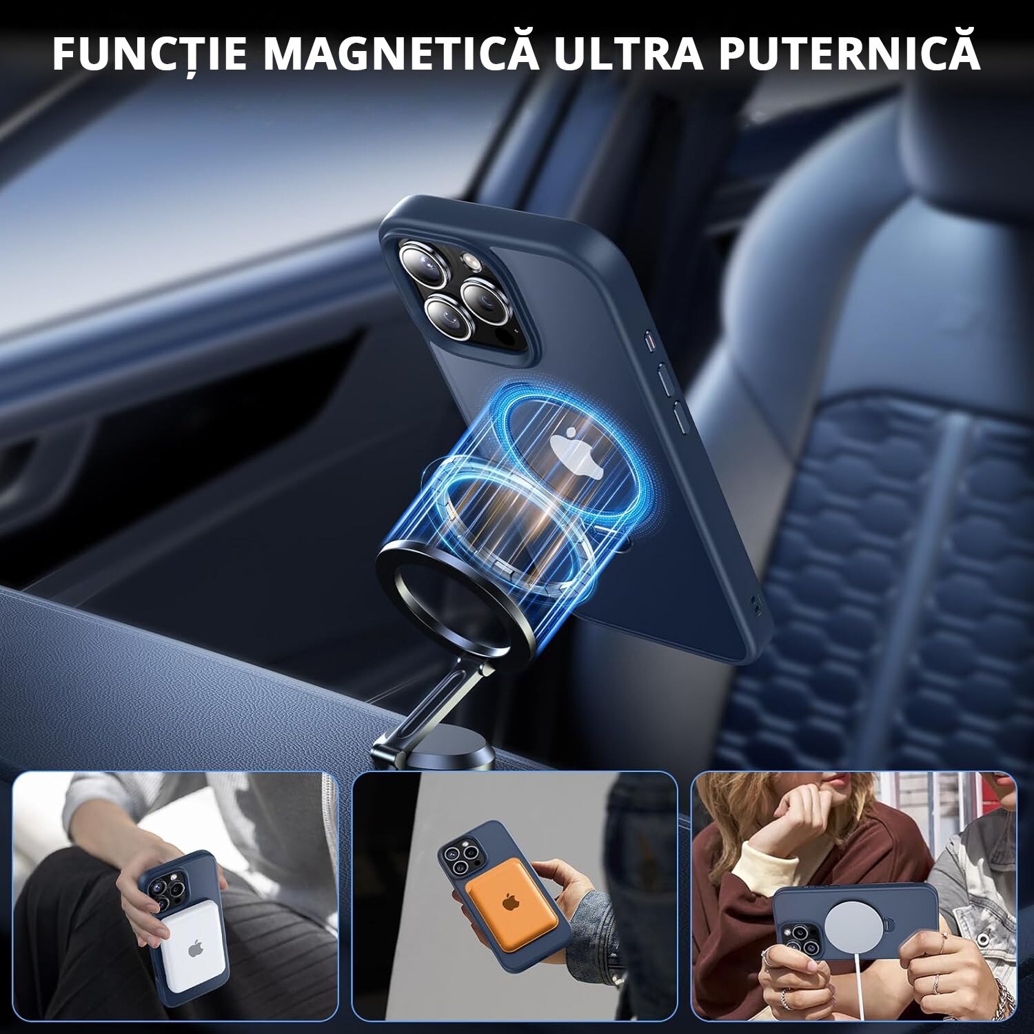 Husa Magnetica pentru iPhone 16 PRO, MobileSmart, Protectie Militara Antisoc, Suport Rotativ 360° MagSafe, Blue