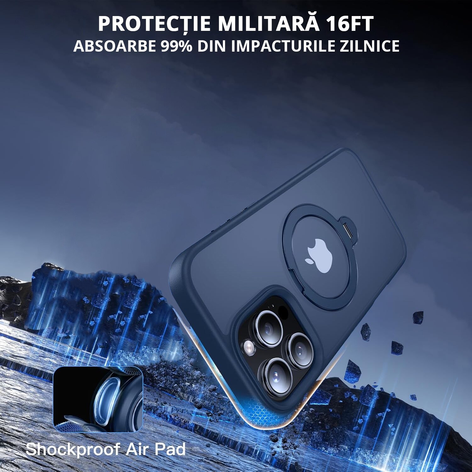 Husa Magnetica pentru iPhone 16 PRO, MobileSmart, Protectie Militara Antisoc, Suport Rotativ 360° MagSafe, Blue
